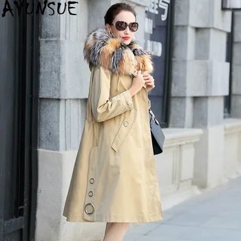 Kaufen AYUNSUE 2020 Echten Pelzmantel Weibliche Natürliche Kaninchen Pelz Liner Parka Winter Jacke Frauen Fuchs Waschbären Pelz Kragen Lange Jacken MY3890
