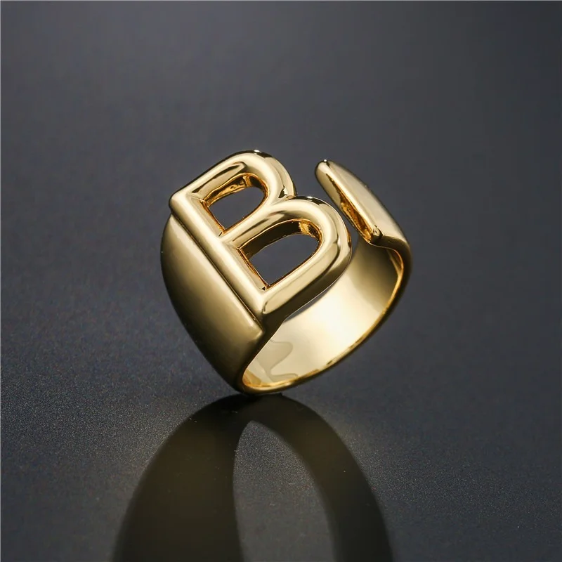 Gold Color Ring Finger Ring Adjustable Rings A-Z Letter Metal Adjustable Opening Ring Initials Name Alphabet Female Party Chunky Wide Trendy Jewelry