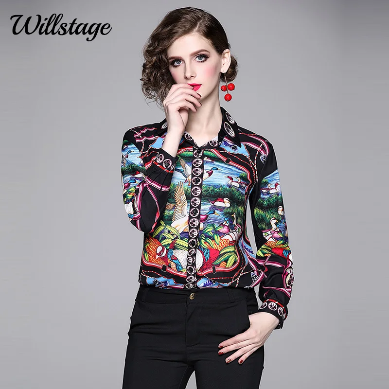  Willstage 2019 Autumn Women shirts long sleeve printed pattern birds Blouse Collar button Shirt fem