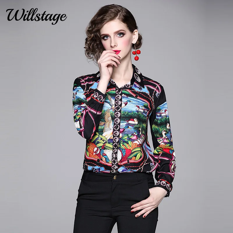 Willstage 2019 осенние женские рубашки с длинным рукавом принтом Блузка птицами