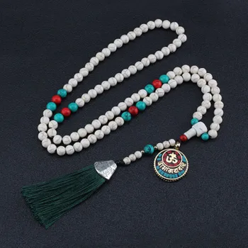 

New Silk Tassel Buddhist Prayer White Pine Beads Necklace Boho Nepal Long Sweater Chain Vintage Tibetan Pendant Ethnic Necklace