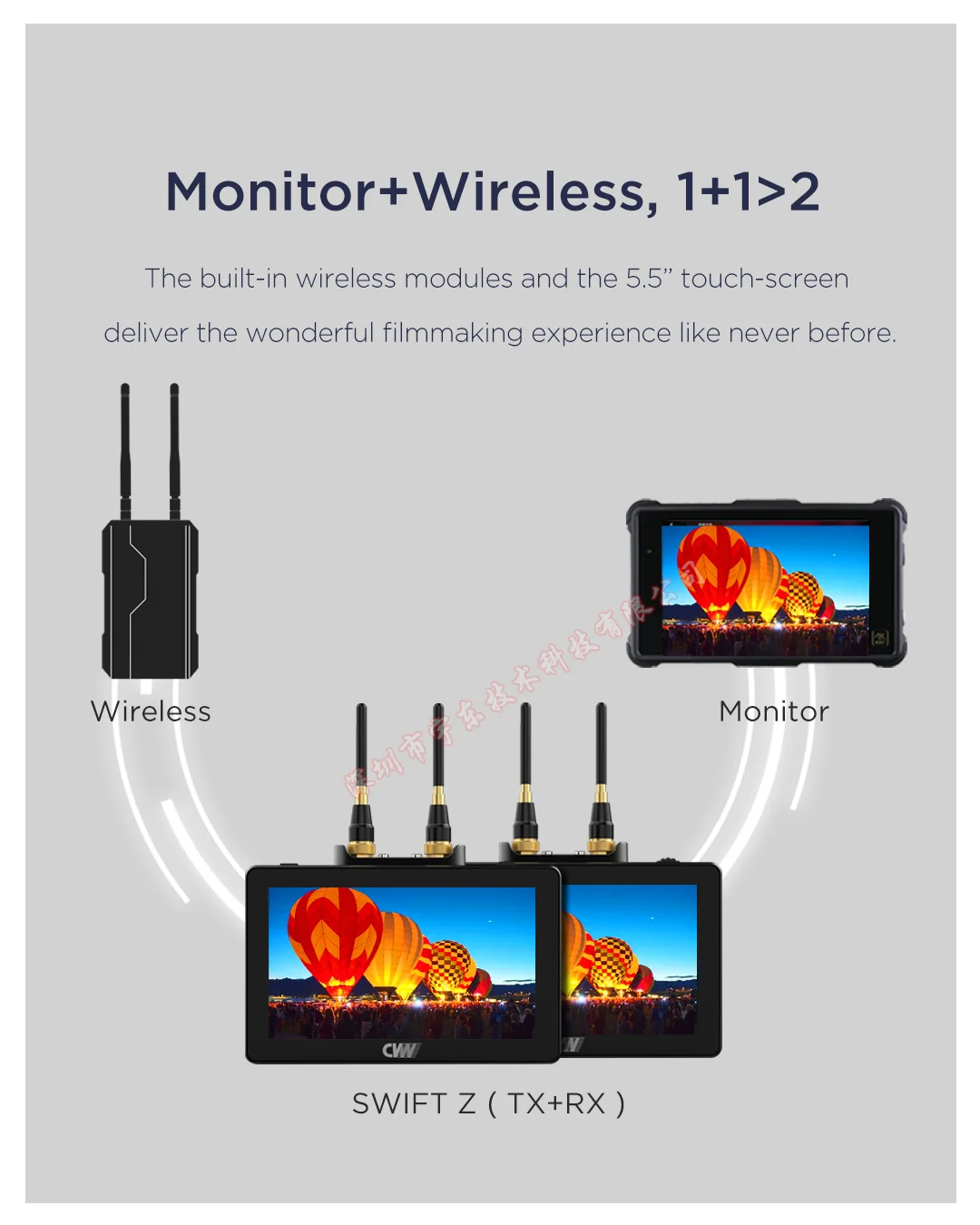CVW Swift Z 무선 비디오 전송 시스템 HDMI HD 이미지 송신기 수신기, 스마트 폰 DSLR 용 5.5 인치 모니터 포함