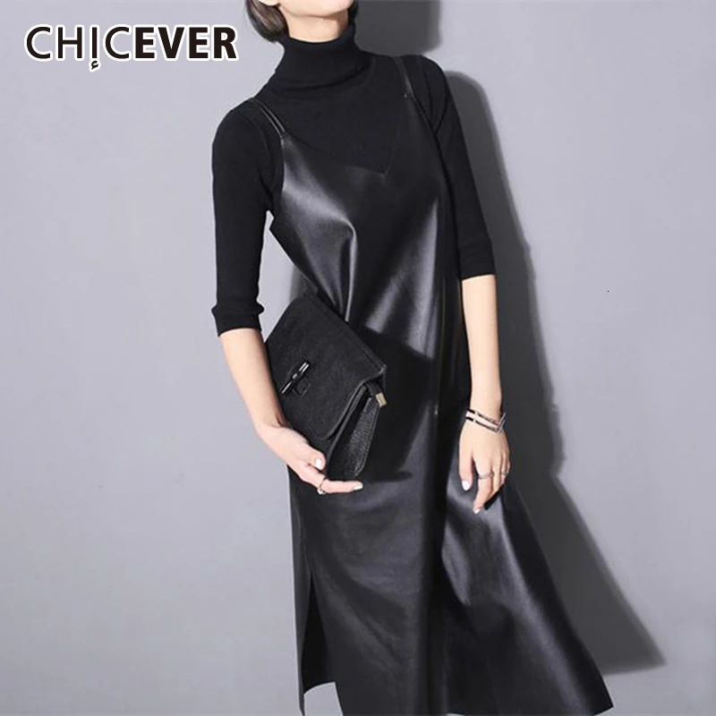 CHICEVER из искусственной кожи английский стиль платье для женщин v образный вырез