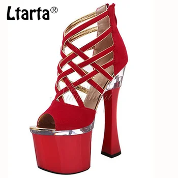 

LTARTA 15cm Heels New Style Classic Color Blocking Fish Mouth Suede Back Zipper High Heel Cutout Sandal LYP