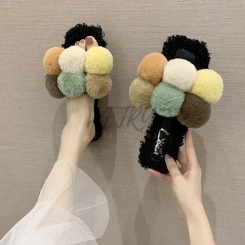 

Women's Winter fury slides for women Open Toe RHair Sandals Woman Fur Slides Fluffy Fury Shoes Female Fur Flip Flops Big 40