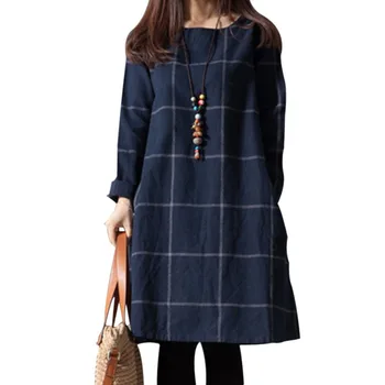 

NewCasual Long Sleeve O Neck Plaid Dress Women Fashion Dress Vintage Loose Dress With Pocket1