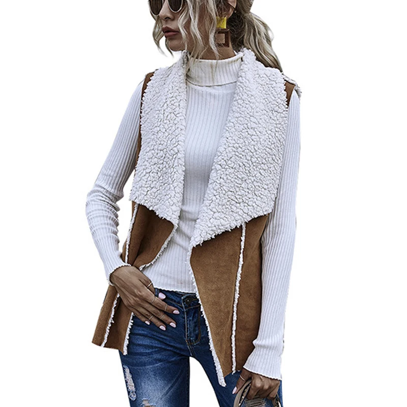 

Autumn Winter Two-wear Suede Vest Women Sleeveless Lapel Jacket Coat Office Lady Lambswool Warm Cardigan Coats Female Vests