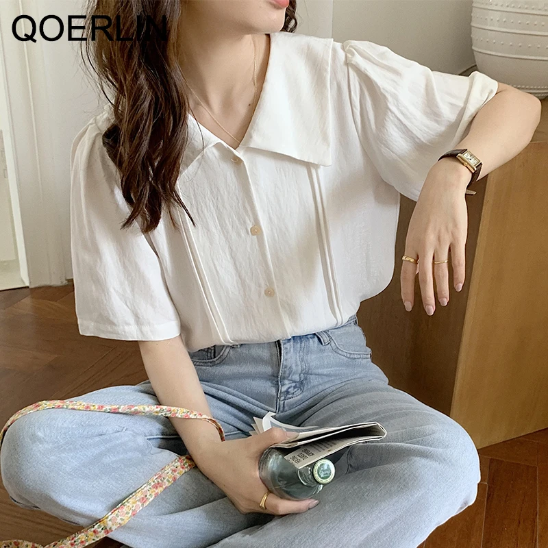 QOERLIN Turn-Down Collar Single-Breasted White Shirts Female Women's Clothing Summer 2021 Stylish Korean Tops Blouse