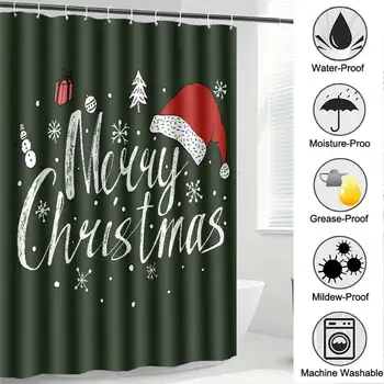 

Lighted Christmas Shower Curtain Printed Happy New Year Santa Claus Red Waterproof Curtains for Shower Bathroom Christmas Decor