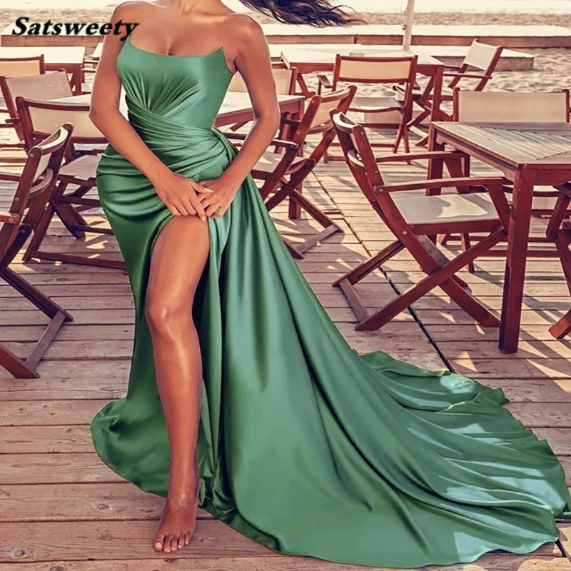 High Slit Green Mermaid Evening Dress Sexy Strapless Elastic Satin Long Formal Prom Dresses Pleated African Party Gowns lavender prom dresses mermaid lace appliques off the shoulder high slit satin formal evening dress party gowns vestido de fiesta