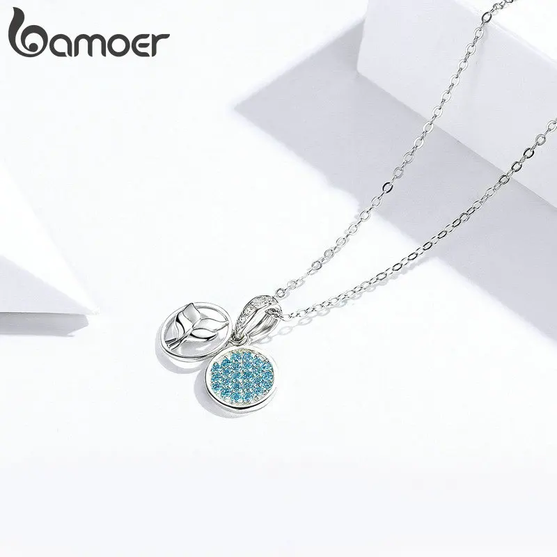 

bamoer Blue Zirconia Mermaid Tail Pendant Necklace for Women Authentic 925 Sterling Silver Fish Tail Collier Jewelry GXN343