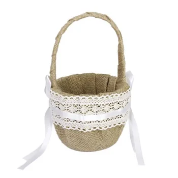 

Delicate Lace Ribbon Decorated Burlap Flower Basket for Wedding Ceremony Party