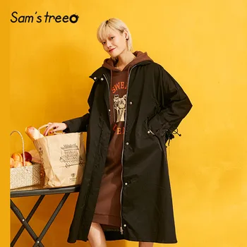 

SAM'S TREE Black Pure Straight Zipper Padded Warm Coat Women 2019 Winter New Drawstring Back Oversive Office Ladies Outwears