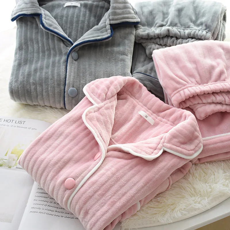 

Autumn And Winter Couples Flannel Pajamas Thick Warm Solid Color Coral Velvet Sunken Stripe Men's Women's Home Wear Large Size