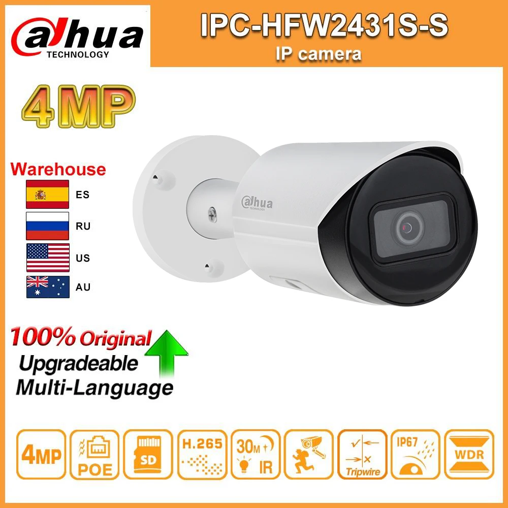 Dahua IP Camera IPC-HFW2431S-S-S2 4MP POE SD Card Slot H.265 IP67 IK10 Upgradeable Mini Bullet Camera Starlight Original Upgrade