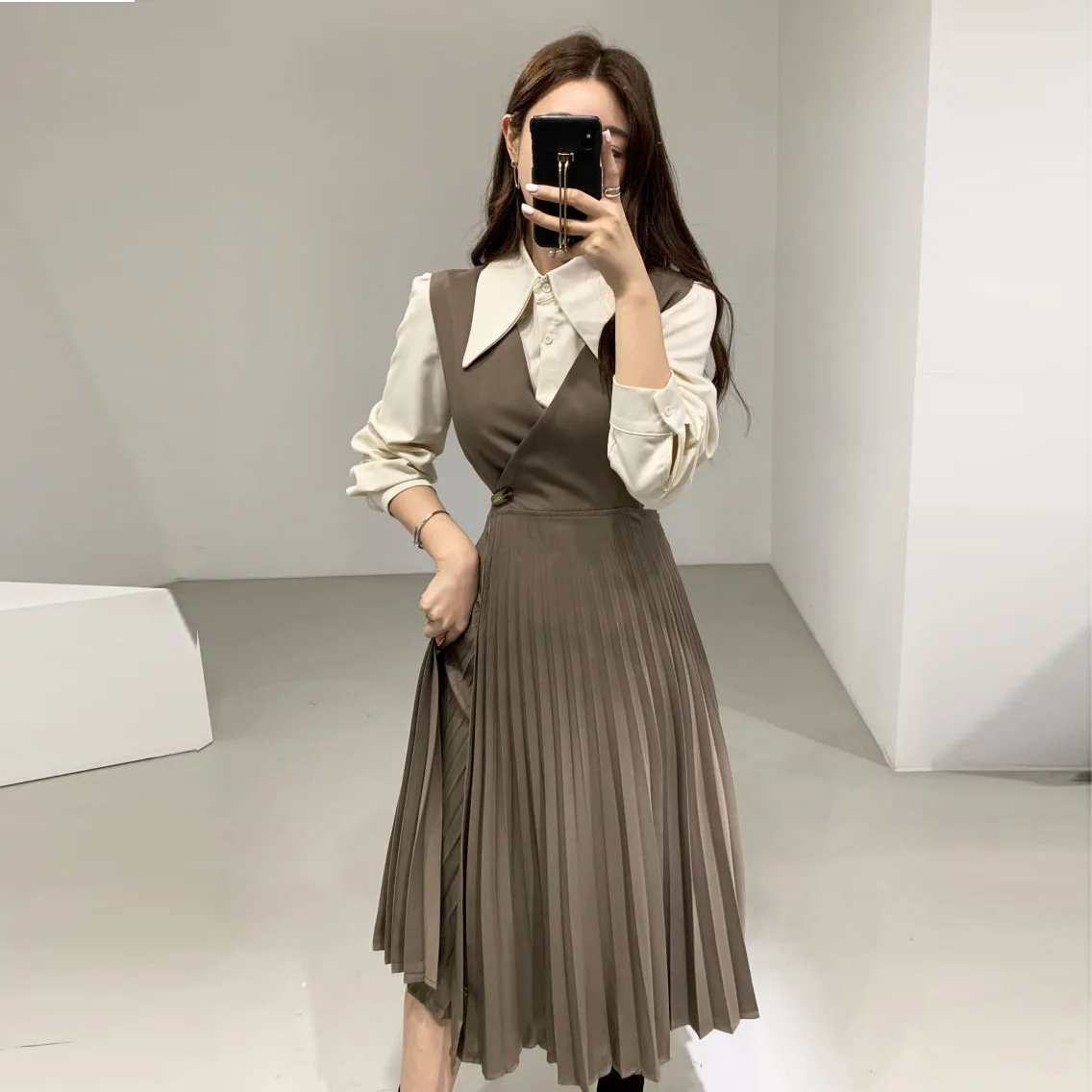 

Autumn Winter Korean Two 2 Piece Set Womens Long Sleeve Turn Down Collar Blouses and High Waist Elegant Long Pleated Tank Dress