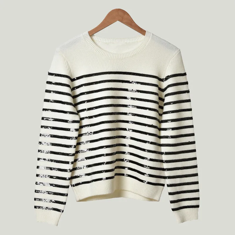 

Women's Striped Sequins Knit Sweater Long Sleeve O-neck 2020 Spring New Temperament Simple Pullover Tops