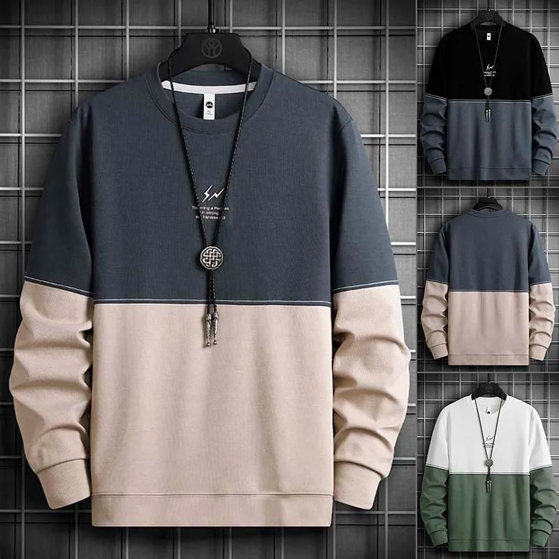 

Elena Store New Fashion Spring and Autumn Men's Loose Long-sleeved Trendy Printed Pullover Casual Stitching Embroidered Top