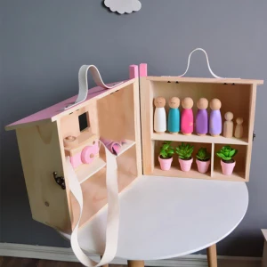 Wooden Pretend Play Doll House Toy Playset Portable Dollhouse Toddler Girls Kids' Toy with Family P