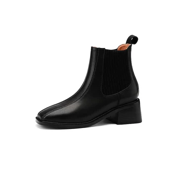 

Genuine Leather Basic Boots Woman Chelsea Boots Spring Autumn Ankle Boots Woman Square Toe Concise Short Boots