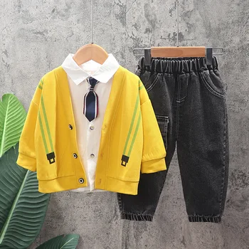 

2020 Autumn Korean Children's Wear 0-4y Long-sleeved Wool College Style Cartoon Three-piece Long Sleeve Children's Suit Tide