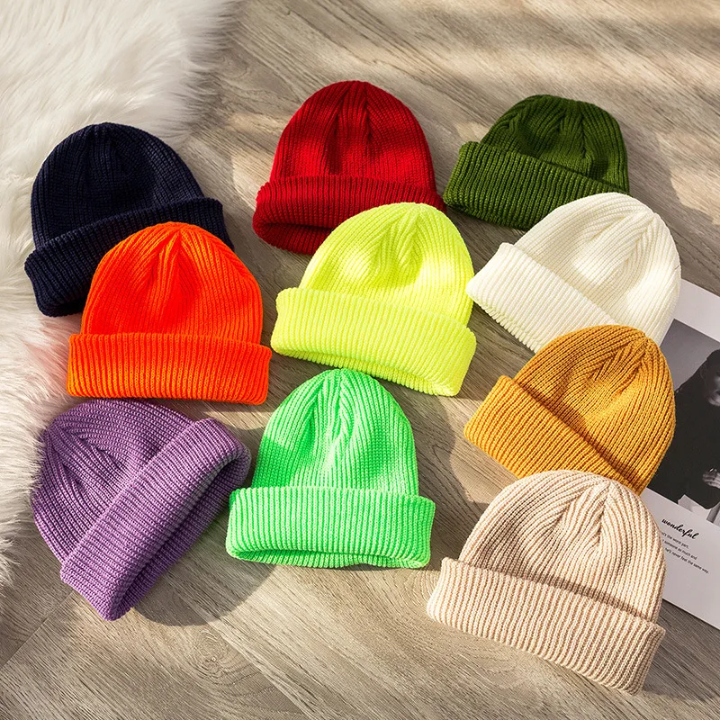 

Autumn and Winter Knitted Hats Tide Brand Pure Color Cold Hat Wild Yuppie Leather Hat Knitted Woolen Landlord Hat