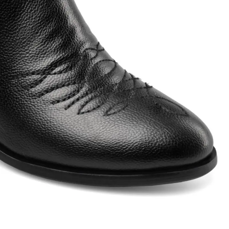 RIZABINA Big Size 33-45 Mid Calf Boots Women Round Toe Western Boots Zipper Genuine Leather Pattern Thick Heel Shoes Footwear
