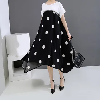 

2020 Summer Causal Dress Women Black And White Dots Printed Lady Long Cute Dress Short Sleeve Korean Fashion Irregular Dresses