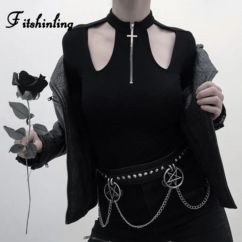 

Fitshinling Cut Out Gothic T-Shirts For Women Fashion Autumn Black Tops Zip-Up Cross Female T-Shirt Grunge Solid Slim Tee Shirt