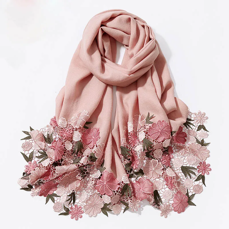 Skin-Pink Женский шарф из чистой шерсти с вышивкой для невесты, красные универсальные шали и палантины для женщин, зимнее шерстяное пончо из пашмины для свадьбы - Цвет: Skin-Pink