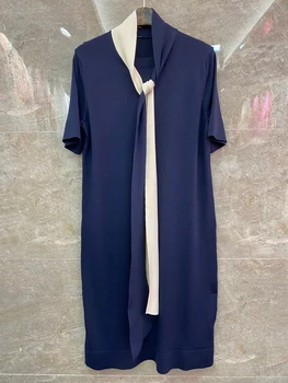 

2020 Spring and Summer New Women's Neckline Color Panel Decorative Ribbon Short Sleeve Jersey Dress 615