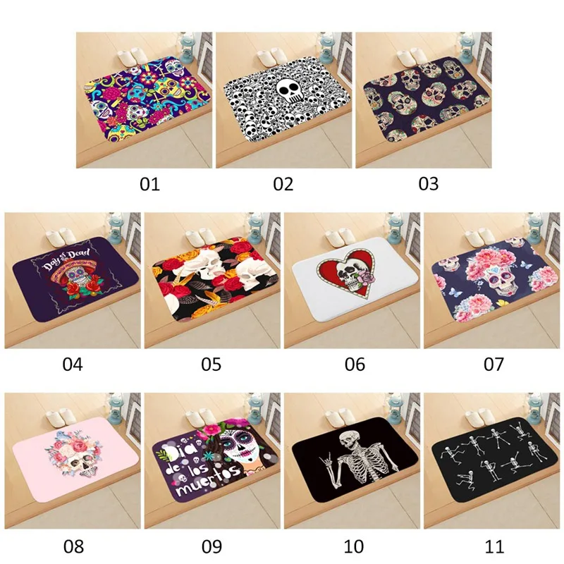 

Cool Skull Bath Mat Non-Slip Fleece Toilet Floor Rug Water Dust Absorbing Bathroom Carpet Doormat Soft Halloween Kitchen Blanket