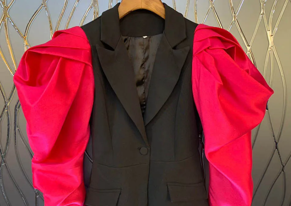 Элегантное женское пальто с цветными блоками, пышные рукава, v-образный вырез, одна пуговица, карман, женский костюм, куртка, осень, модная новинка