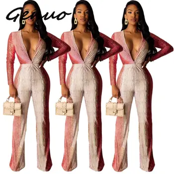 

Genuo Women Casual Long Sleeve Sexy V Neck Jumpsuits Overalls High Waist Office Lady Workwear Elegant Long Jumpsuit Partywear