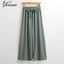 Versear Women Wide Legs Pants Solid Belted Bow Elastic High Waist Loose Casual Cropped Pants Spring Fall Trousers Pantalon Femme