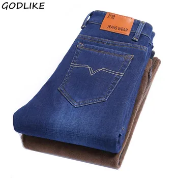 

Winter Men's Thermal Warm Flannel Stretch Jeans Mens Winter Quality Famous Brand Fleece Pants Men Straight Flocking Trousers