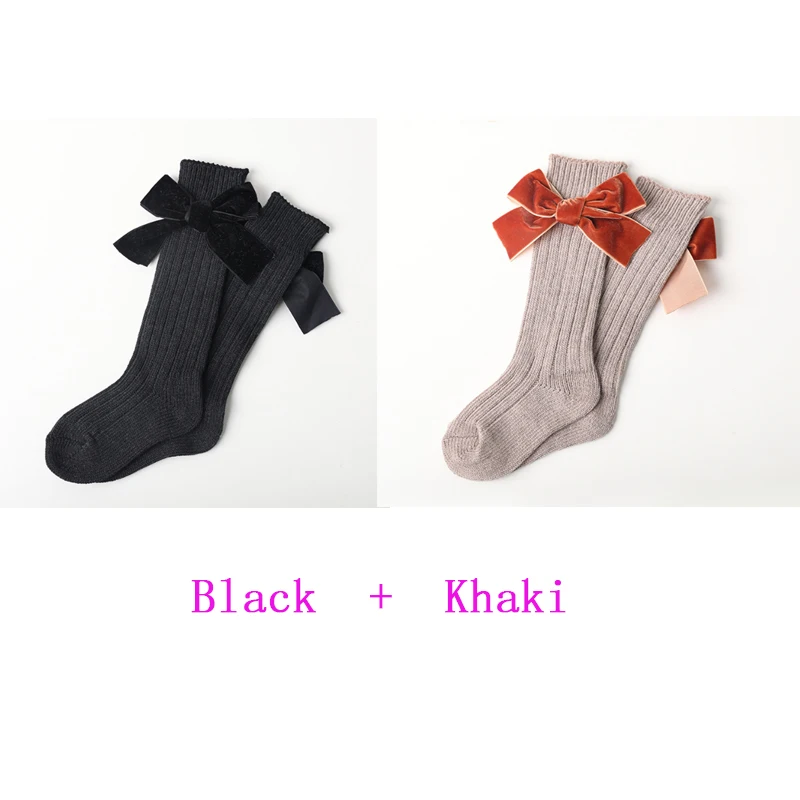 Black and Khaki Длинные носки для девочек; детские носки; хлопковые кружевные Гольфы с оборками; 2 пар/лот; носки принцессы с бантом для маленьких девочек - Цвет: Black and Khaki
