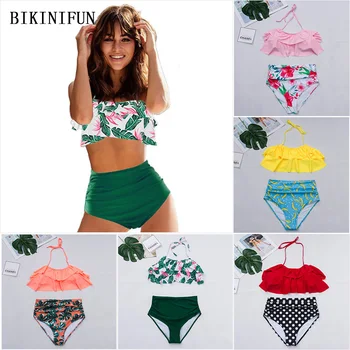

New Lotus Ruffled Bikini Women Swimsuit Floral Print Swimwear High Waist Bathing Suit S-3XL Girl Padded Halter Swim Bodysuit