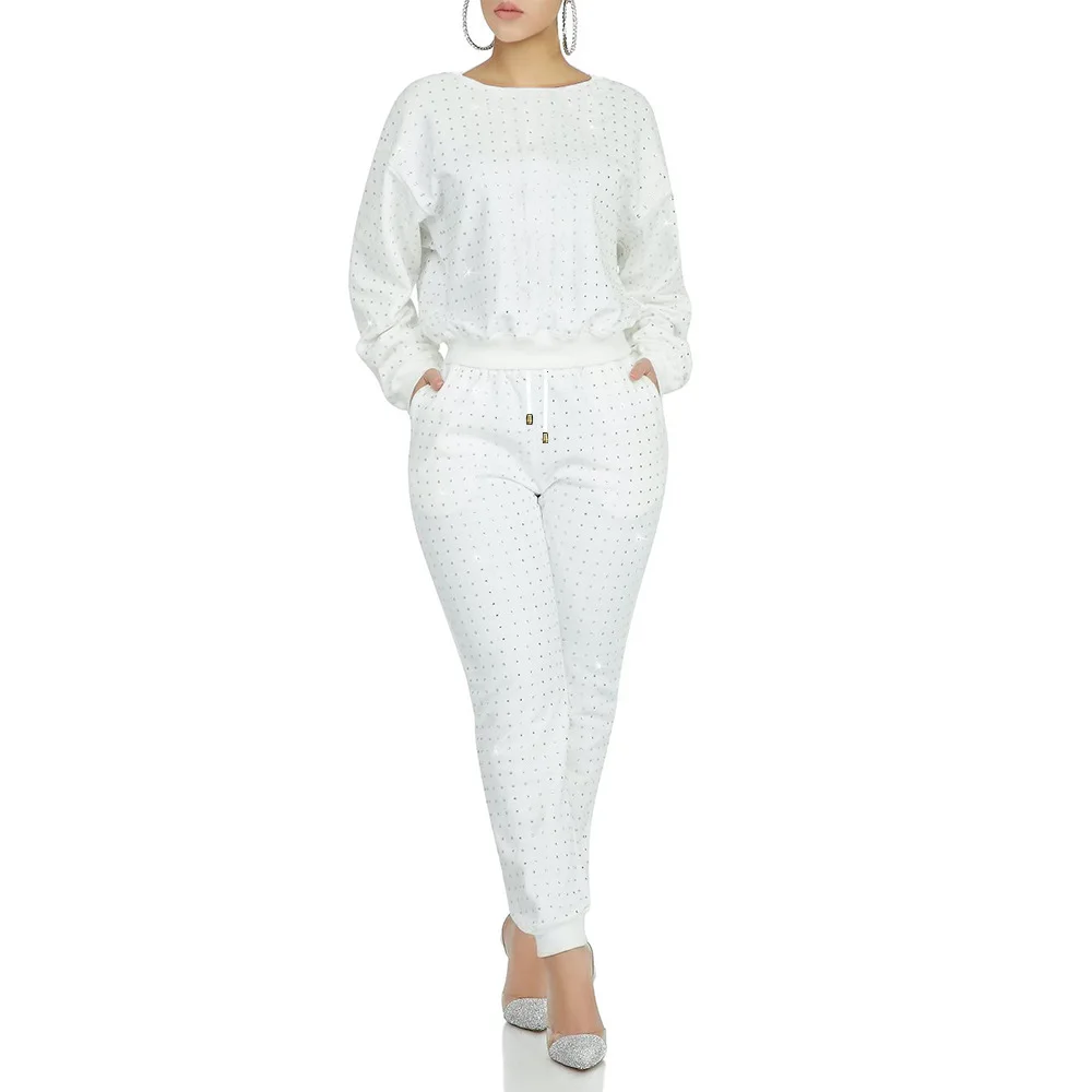 Beste Casual Vrouwen Twee Delige Set Diamant Trui Jas + Lange Broek Trainingspak Vrouwen Jogging Femme Effen Kleur Zwart Wit Plus size