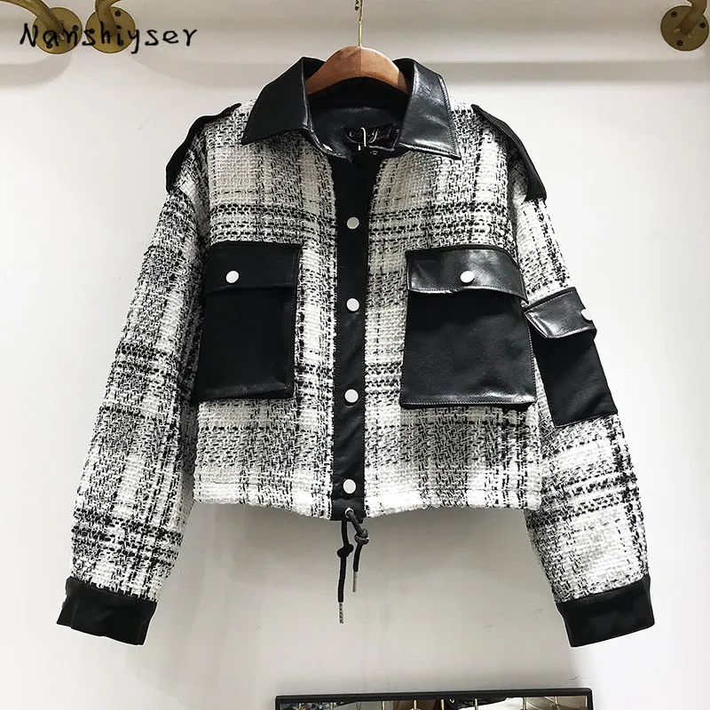 

2020 Autumn New Korean Tweed Stitching Faux PU Leather Biker Jacket Women Fashion Drawstring Waist Short Coat Cuir Veste Femme