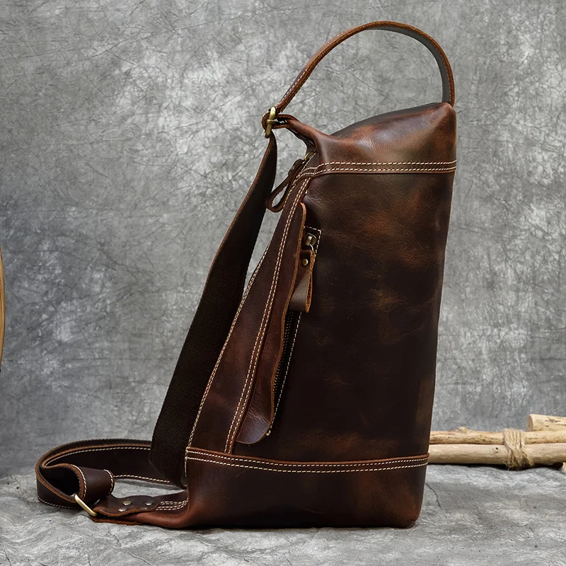 Men's Genuine Leather Backpack Crazy Horse Leather Daypack Travel Bag Male Laptop Bagpack Unique Bagpack Man Chest Bag