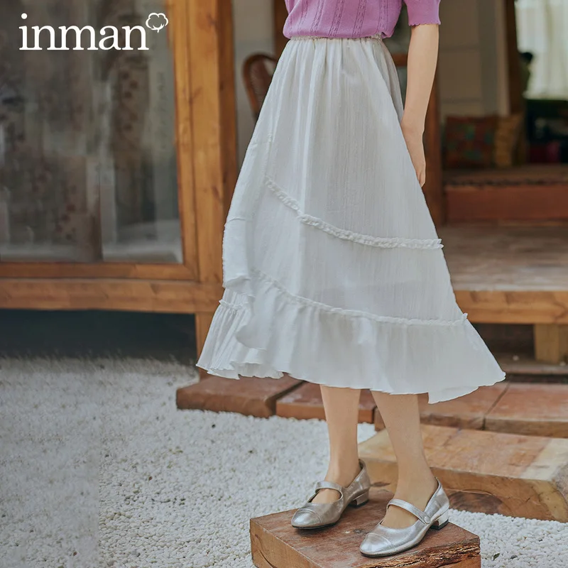 

INMAN 2020 Spring New Arrival Dimple Style Retro Grilish Literary Elastic Waist Falbala Skirt