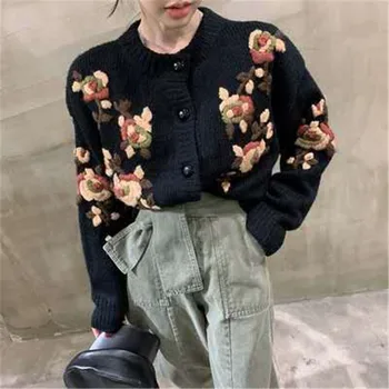 

Ins Hot Korean Style Sweet Girl Sweater Cardigans Hot Autumn Winter Floral Print Simple Solid Sweater Cardigans 2020 New Arrival