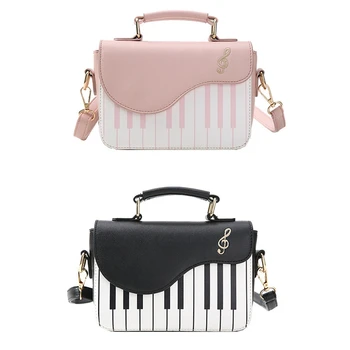 

2 Pcs New Fashion Hit Color Piano Printing Handbag Sweet Wind Fresh Shoulder Diagonal Portable Small Bag Black & Pink