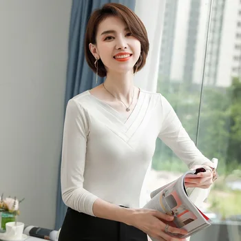 

Women T-Shirts Spring Autumn Tops Tees Slim Solid color Long sleeve V-neck Sexy T-Shirts short Women 0755