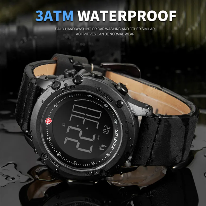 KADEMAN Military Sports Men's Watch Digital Display Waterproof Step Counter Leather Clock Top Luxur