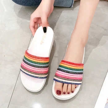 

Fashion Women Summer Slippers Slide Sandals Beach Slides Flip Flops Rainbow Bling High Heel Thick Sole Women Ladies Grils Shoes