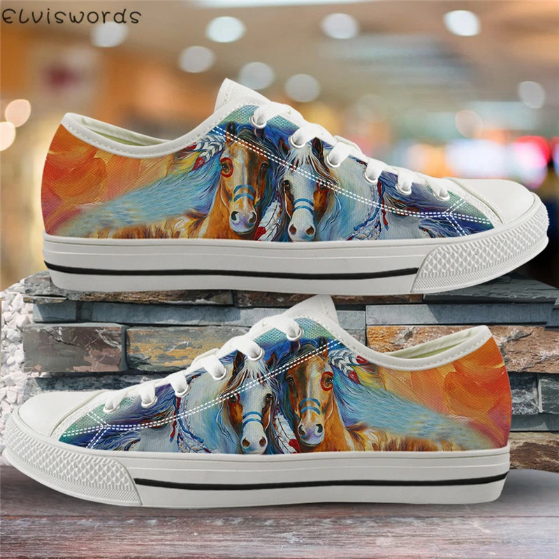 Elviswords空気メッシュ女性の加硫靴絵画馬プリント3dキャンバスロートップフラットシューズ女性カジュアル屋外のためのスニーカー Women S Vulcanize Shoes Aliexpress
