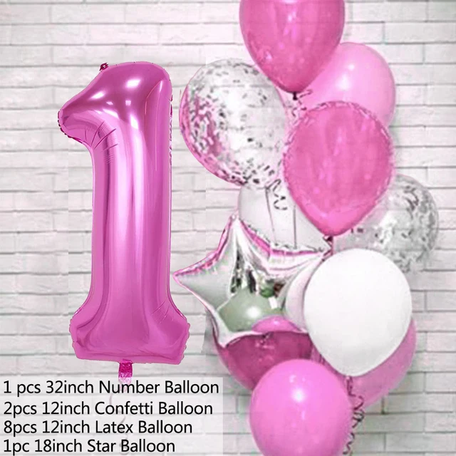 12pcs Pink Number Foil Balloon Birthday Party Decoration Latex Balloons Kids Baby Girl 1 2 3 4 5 6 7 8 9 Years Old 1st Birthday P-balloon number 1