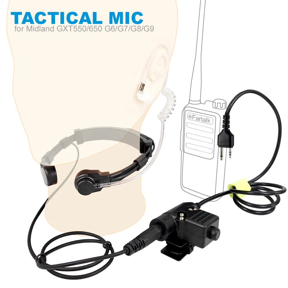 Walkie Talkie Microphone Heavy Duty U94 PTT Neck Throat Mic Earpiece Radio Tactical Headset for MIDLAND GXT550/650/G6/G7/G8/G9